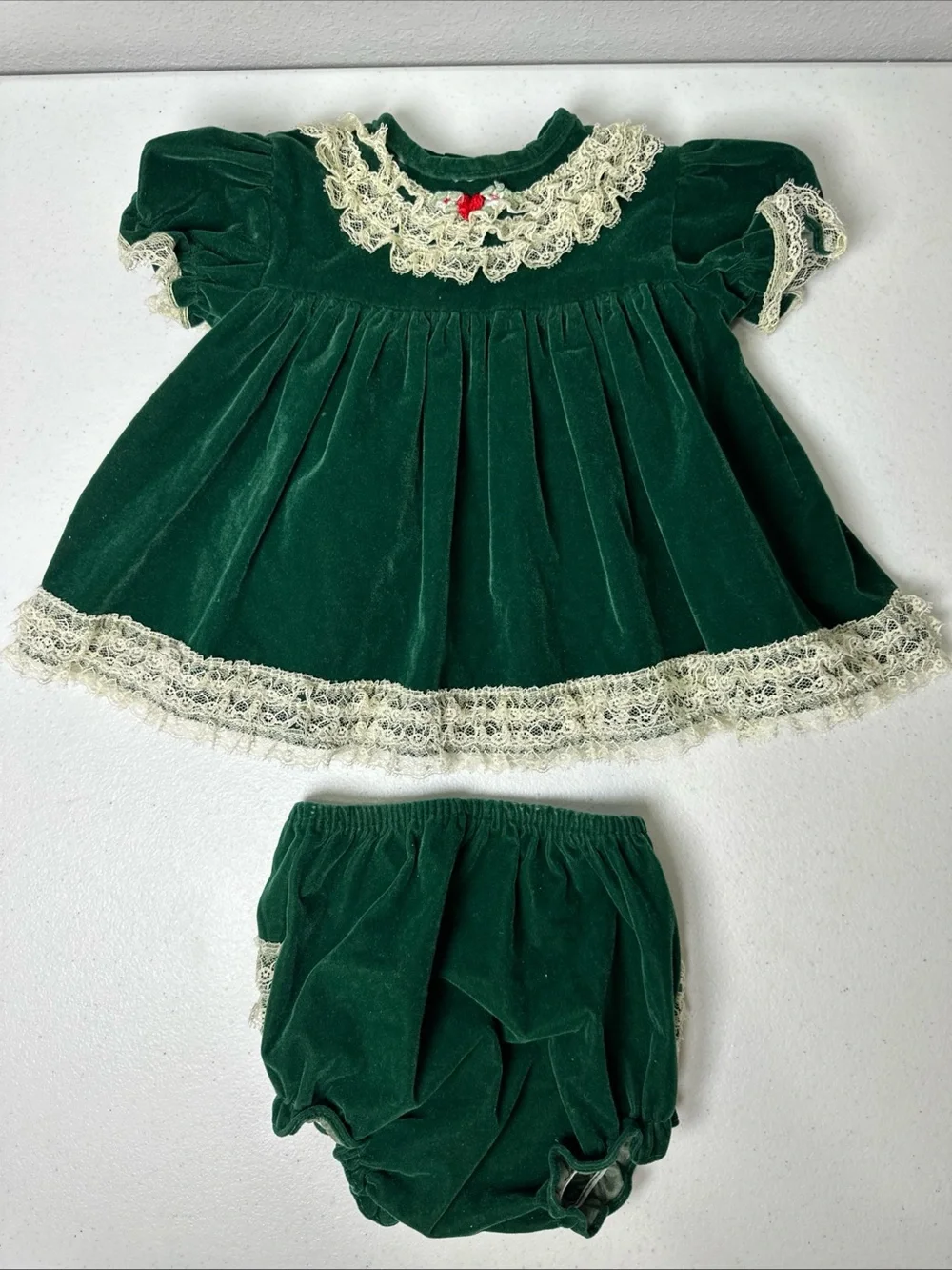 Vintage Green Velvet Baby Dress with Lace Trim